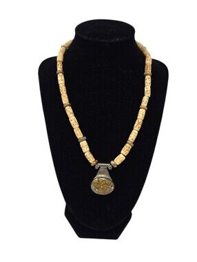 Southwestern Sterling Silver 925 Stone Pendant Carved Bone Bead Tribal Necklace